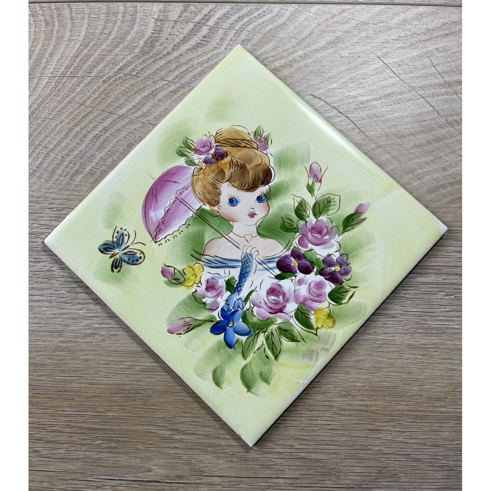 Vtg MCM kitsch Japan Ceramic Trivet Tile Art Wall Hanging Big Eyes Girl 6"x6"
